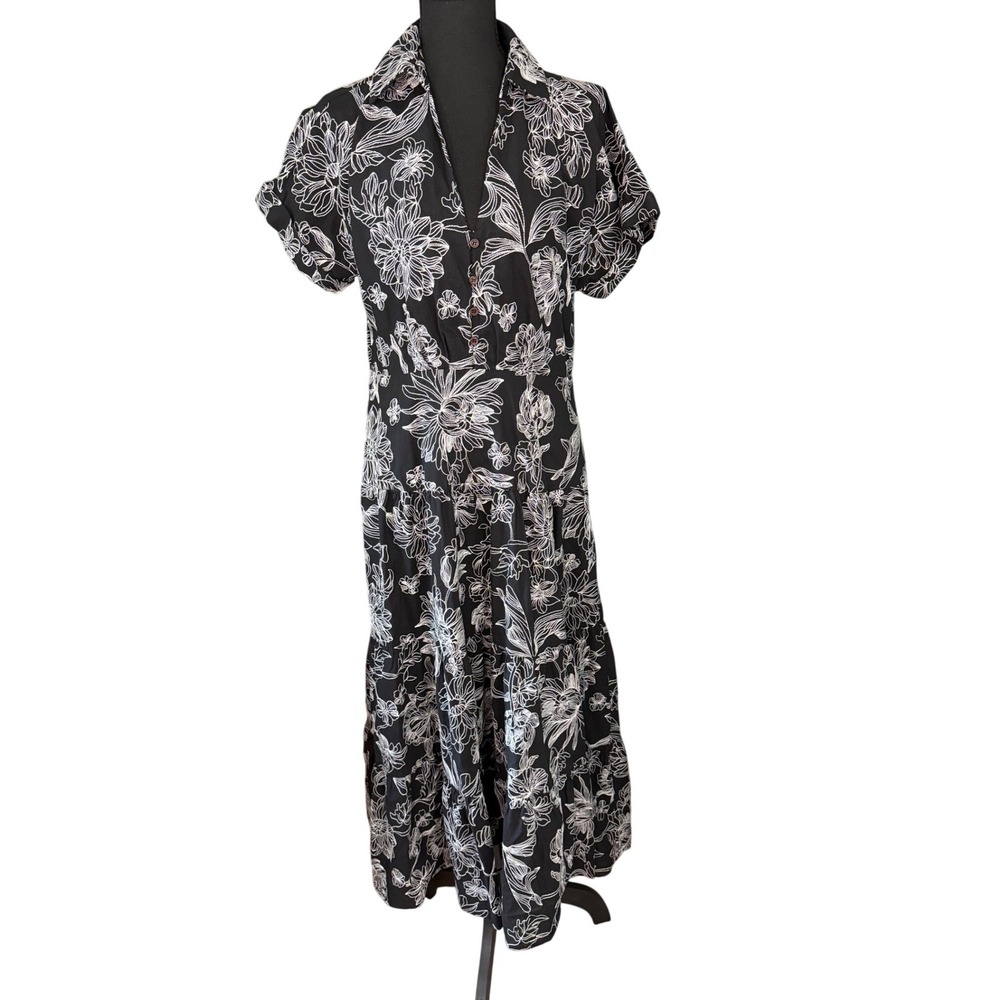 En Saison Black White Floral Midi Dress Cutout Back Puff Sleeve Cottagecore